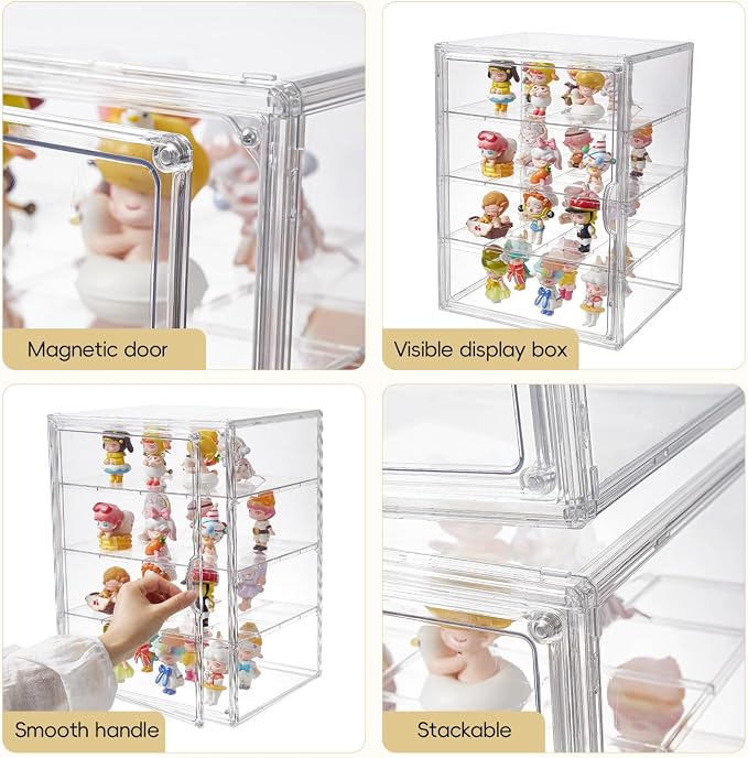 4 Tiers Clear Acrylic Display Case, Plastic Storage Bins with 3 Adjustable Divider and Magnetic Door,Stackable Display Box for Figures Showcase (XXL-4 Tier-1 Pack)