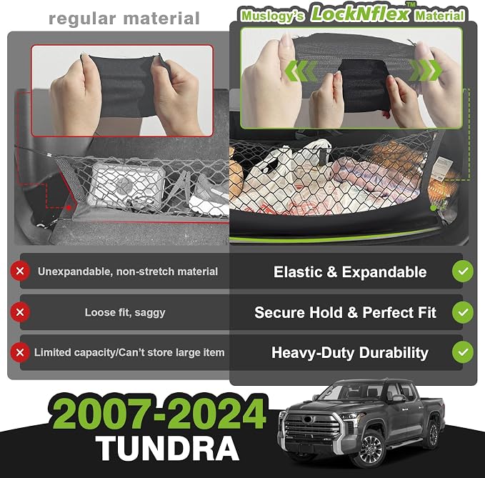 Muslogy Cargo Net for Toyota Tundra 2007-2024 2025 2026 Accessories | Custom Fit, Truck Bed Storage Organizer Net for Pickup Truck Bed Divider, Heavy Duty Carabiners, Night Visible Grab Handle