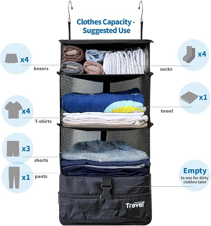 Stow-N-Go Hanging Travel Shelves, Packing Organizer for Luggage. Carry on Closet for Suitcase. Expandable Packing Cube. Travel Essentials. (Black - L, L = (L) 11.8" x (W) 11.8")