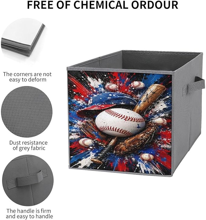 Baseball Bat Ball Glove Hat Storage Bin with Handles, Oxford Fabric Foldable Storage Cube Organizer for Clothes, Towels, Bedroom, Living Room, Home Organization