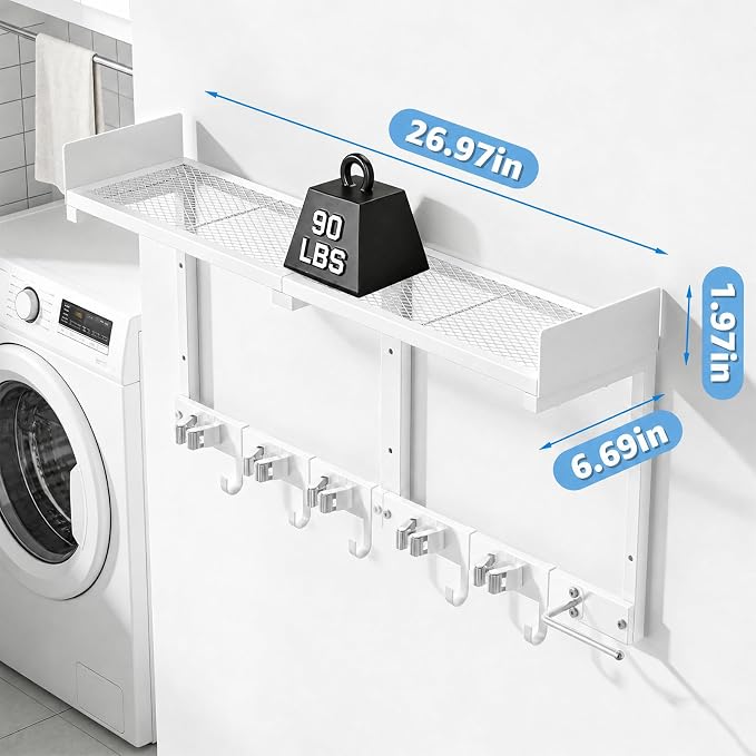 HUFAND Broom Holder Wall Mount, 27" Mop and Broom Organizer with Top Shelf | 5 Grippers,5 Movable S-Hooks,Breathable Grid Shelf,Rust-Resistant Coating,Hardware Included,for Kitchen,Laundry Room