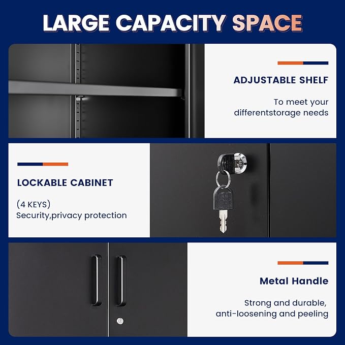 Metal Storage Locking Cabinet with 4 Doors and 2 Adjustable Shelves,71" Lockable Garage Tall Steel Cabinet,for Home Office,Living Room,Pantry,Gym,Commercial Storage (Black)