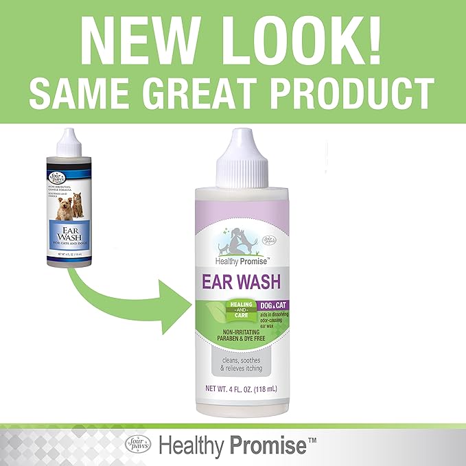 Four Paws Healthy Promise Grooming Soothing Pet Ear Wash Cleaner for Dogs and Cats, Odor Reducing & Itch Relief, 4 oz.