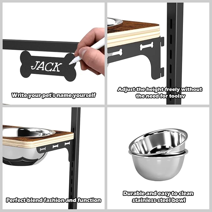 ADENGL Elevated Dog Bowls with Slow Feeder - 9 Heights Adjustable Raised Dog Bowl Stand with Two 1.7L Stainless Steel Dog Food Bowls & Slow Feeder and a Nonslip Pad, Perfect for Medium Large Breed