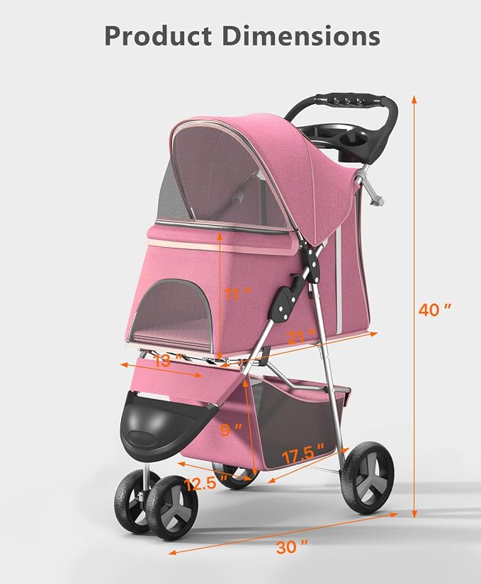 OS MOTOR 3 Wheels Pet Stroller for Small Medium Pets, Pink | Foldable Carrier Jogger, Rear Wheel Breaks, Storage Basket, Visible Mesh Weather Cover, Portable, Dog, Cat, Puppy, Kitty
