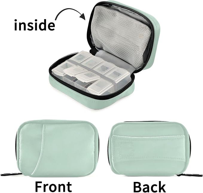 Naanle Pill Box 7 Day Pill Case Travel Pill Organizer Bag with Zipper Portable Weekly Case Compact Size for Vitamin Supplement Holder, Solid Color Light Green, 4.6 x 3.14 x 1.88 Inch, 0.12 kilograms