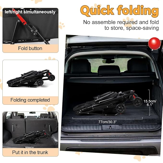4 Wheel Foldable Pet Stroller – Removable Carrier for Dog Cat, Breathable Mesh Canopy, Storage & Cup Holder, Lightweight Pet Cart Holds 17.6 lbs for Walks Travel Black