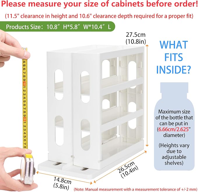 Dutiplus 3-Tier Medicine Organizer Cabinet Storage Rack with Pull-and-Rotate Design for Holding Vitamins, Supplements, Cosmetics 10.82" H x 5.82" W x 10.43" D Creamy White