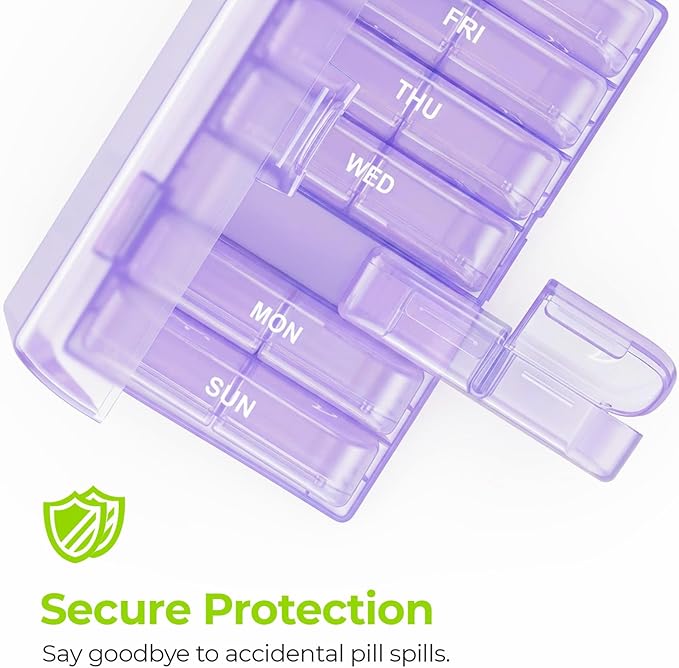 AUVON Weekly Pill Organizer 2 Times a Day, One-Sided Opening, Easy to Use | AM PM Pill Case, XL Pill Box 7 Day, Travel Medication Organizer for Medication, Vitamins, Fish Oils, Supplements, Pale Purple