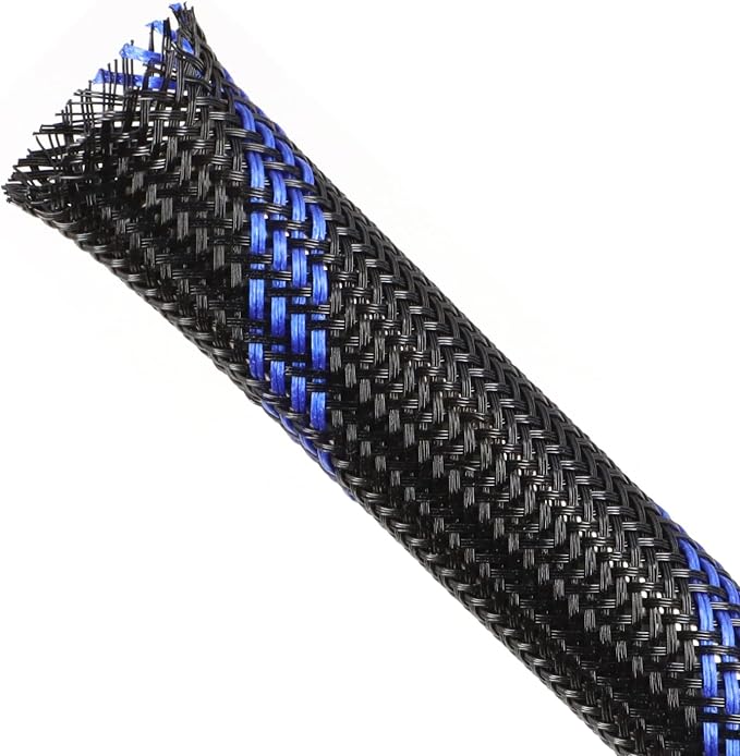 Braided Cable Sleeving, PET Expandable Braided Cable Sleeve, Flexible Mesh Sleeving Cord Management for Audio Video and Other Home Device, Cord Protector from Pets (Black Blue, 1/2" x 25ft)