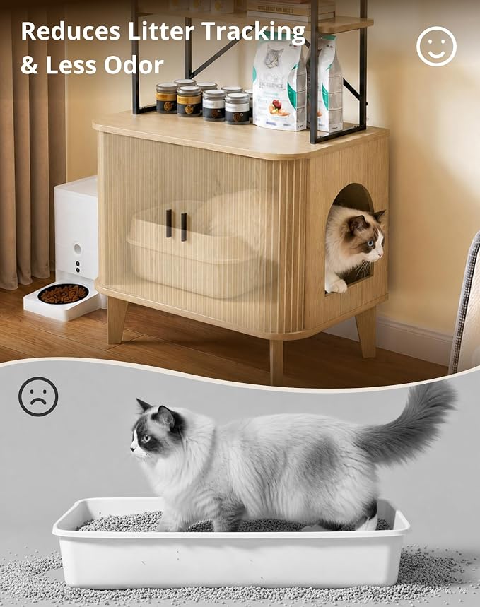 31.5" Cat Litter Box Enclosure,Hidden Litter Box Furniture with 2-Tier Storage Shelves,Wooden Cat Washroom and Pet House with Sliding Tambour Door for Living Room, Oak