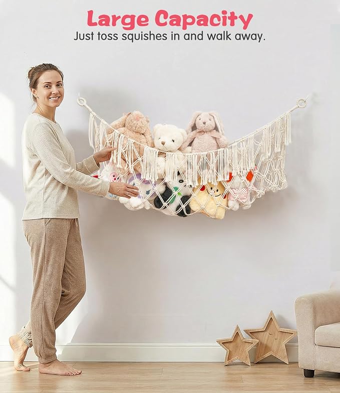 Stuffed Animal Net Hammock, Save Space Eliminate Clutter (white) | Premium Cotton Hand-knitted plush hammock, Boho Stuffed Animal Storage for Nursery, Bedroom Decor, playrooms