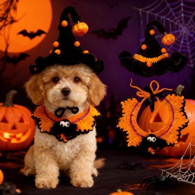 Halloween Pet Costume,Spider & Black Witch Hat for Rabbits,Cats and Small Sized Dogs,Hand-Knit Festive Halloween-Themed Cat Apparel,Dog Halloween Outfits,Cat Witch Costume
