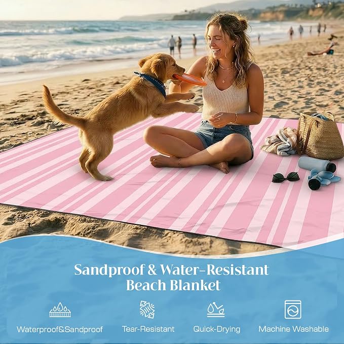 OIGAE Beach Blanket Waterproof Sandproof Oversized Beach Mat | Picnic Mat with Stakes, Storage Bag - Essentials for Outdoor Beach, Picnic,Quick-Dry Lightweight,Windproof Pockets