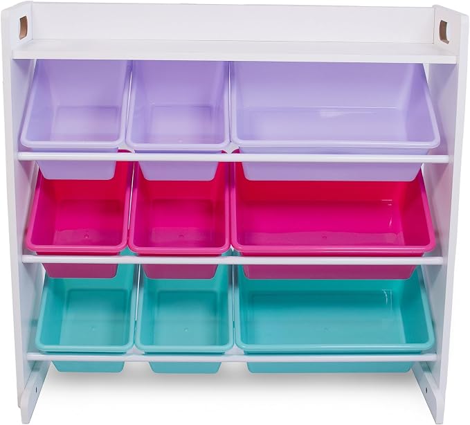 Humble Crew Kids Toy Organizer with Display Shelf, 9 Bins, 3 Tier Storage | Sturdy wood and steel toddler shelf, removable BPA-free containers, wall anchor anti-tip safety kit for bedroom or classroom