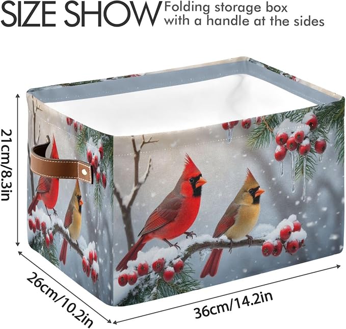 Winter Cardinal Birds Snow Storage Basket Fabric Laundry Baskets Christmas Tree Holly Berry Branches Storage Boxes Organizer Bag for Baby Cloth Dog Toy Book Storage Cubes Shelf Closet Bins 16×12×8