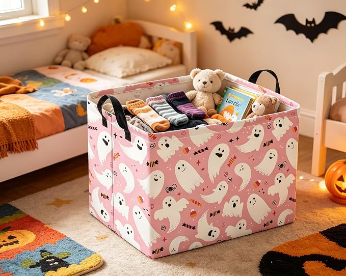 Rectangular Halloween Basket for Boys and Girls Kids Trick or Treat Pumpkin Basket for Halloween Parties Cute Storage Bin Organizer Box Room Decor(Pink Halloween)