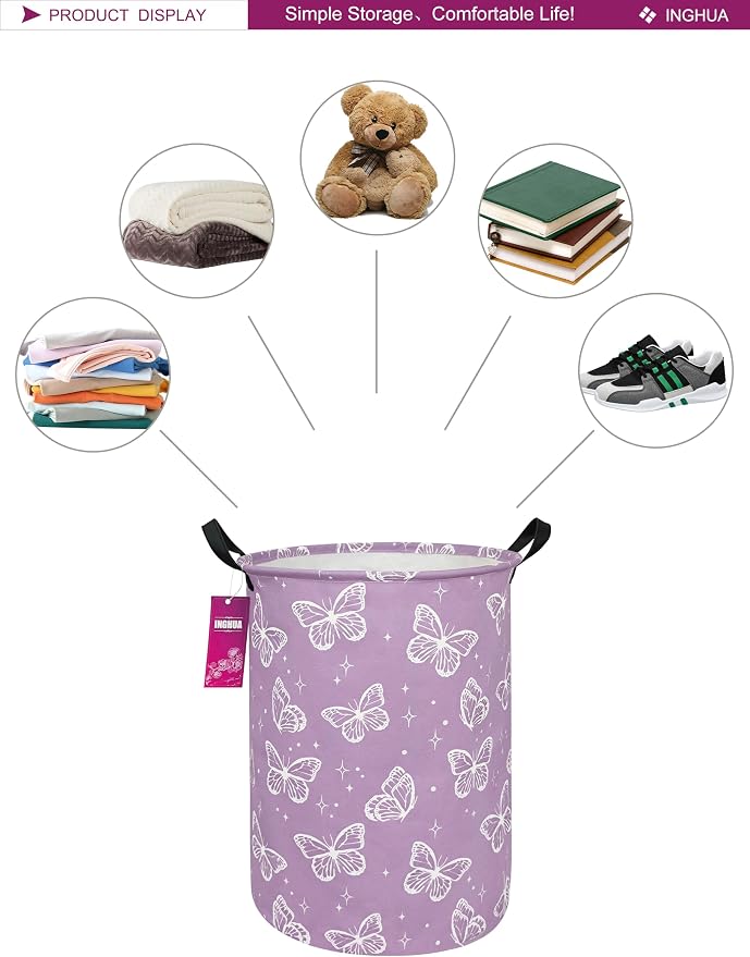 Laundry Hamper Large Canvas Fabric Storage Basket Butterfly | Organizer Bin Dirty Clothes Collapsible Waterproof for College Dorms, Boys and Girls Bedroom,Bathroom
