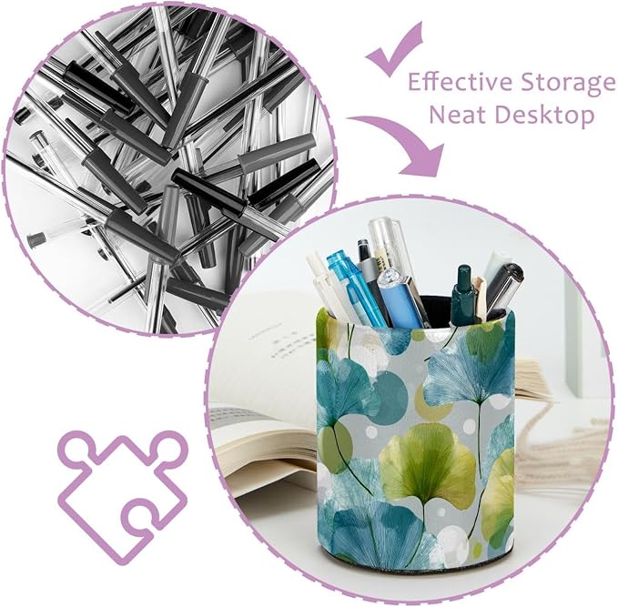 Faux Leather Pen Holder for Desk, Pencil Organizer Artistic Leaves Pen Cup Desk Decor Makeup Brush Holder Storage for Office Home