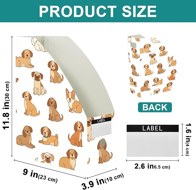 Emelivor Pets Dogs White Print Magazine Holder Set of 3 Desk File Organizer Foldable Vertical Folder Holder with Labels for Office Organization File Box for Home and Classroom