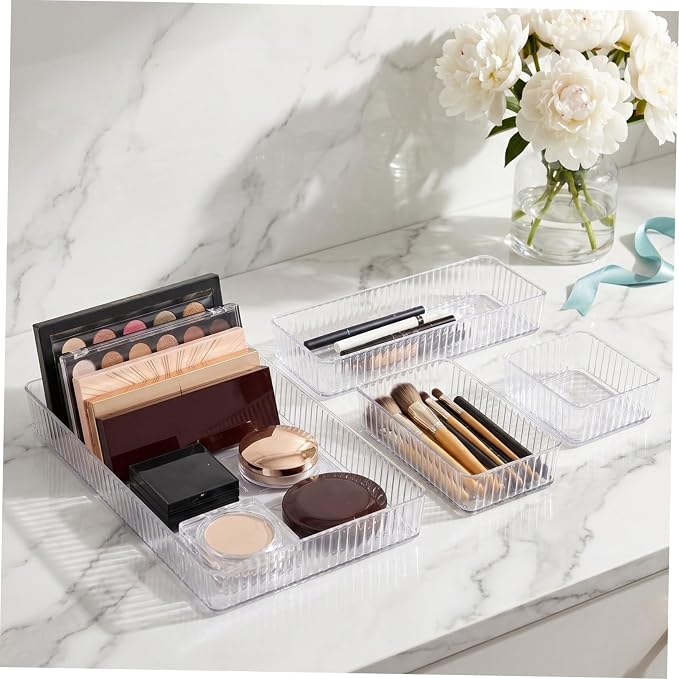 10pcs Stackable Drawer Organizer Trays Set with Removable Dividers, 4 Sizes Pet Storage Bins for Kitchen Gadgets and Jewelry, Flexible Combination for Bathroom Counter and Vanity