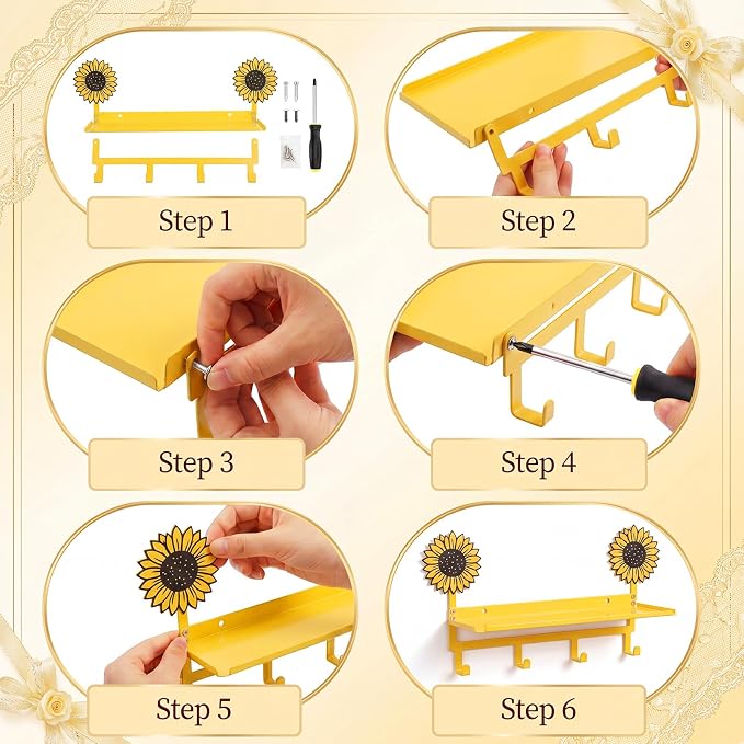 Yellow Sunflower Coat Rack Wall Mount with Shelf Metal Entryway Hanging Shelf with 4 Hooks Cute Beach Coastal Bedroom Accessories Decor for Dog Leash Pet Collar Keys Clothes Hats Towel Purse