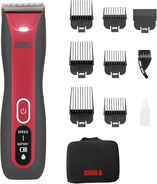 Kong 3-Speed Cordless-Corded Dog Clipper Kit – Stainless Steel Blade, Waterproof, LED Spotlight, Use-While-Charging, 6 Guide Combs, Ergonomic Handle – Red/Gray, All Coat Types