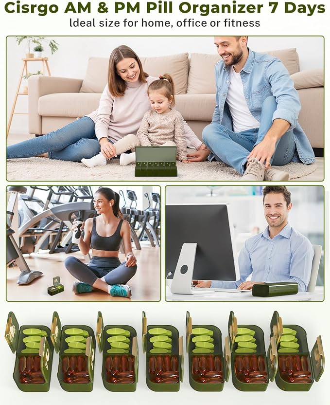 Weekly Pill Organizer 2 Times a Day, 7 Day AM PM Pill Box for Travel | Portable Medication Dispenser with Child-Resistant Latch, BPA-Free, Travel, Office, Pets, Emergency Use (Green)