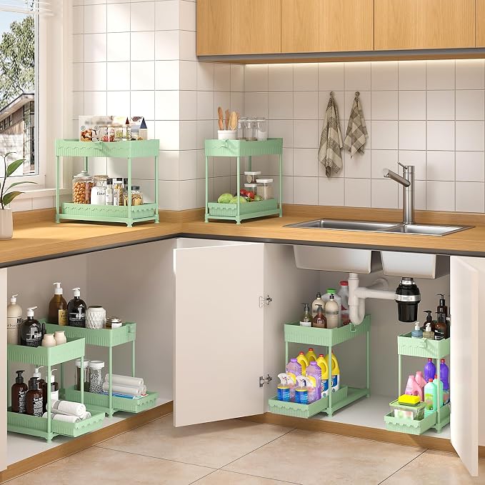 3 Pack Under Sink Organizers, 2-Tier Multi-Use Kitchen and Bathroom Organizers and Storage with Sliding Drawers, Bathroom Cabinet Organizer (Green, 14.8 Inch)