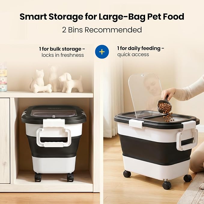 Dog Food Storage Container 15-25lbs, Airtight Pet Food Bin with Locking Lid & Clear Window, Collapsible Rolling Storage Container with Wheels & Scoop, Black