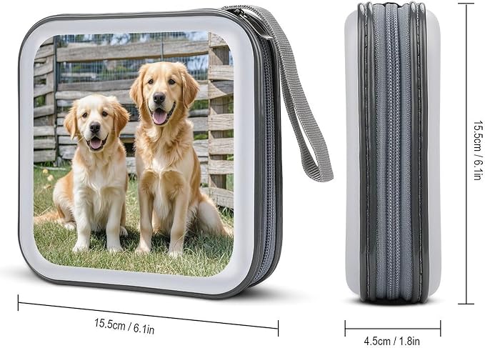 Golden Retriever Dogs Puppies Pets DVD Case, 40 Capacity CD Case Holder with Zippers, Portable CD Holder Hard Plastic Disc Cases Personalized DVD Wallet Organizer for Car Home Travel