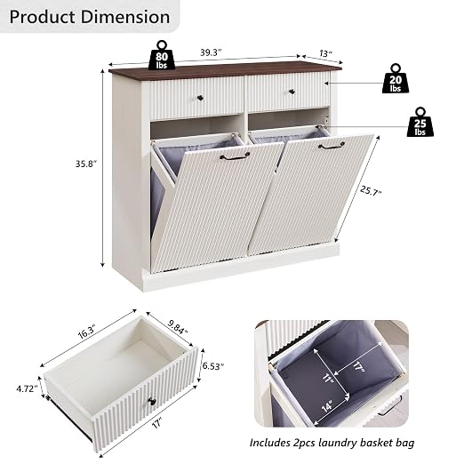 IFGET Double Tilt-Out Trash Cabinet, Laundry Hamper Cabinet, Antique White
