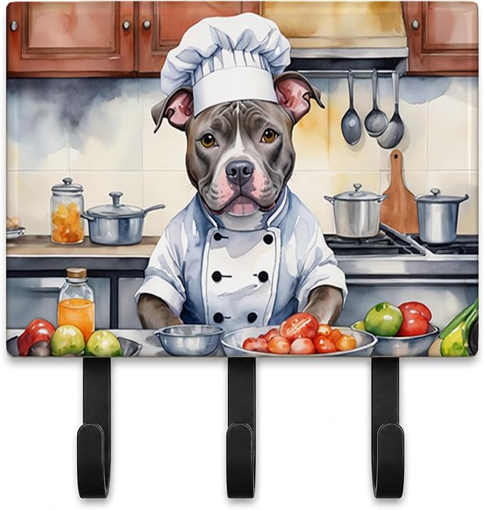 Caroline's Treasures Pit Bull Terrier The Chef Leash or Key Holder Wall Hooks, Key Hooks Holder, Coat Rack Wall Mount, Coat Hooks, Hooks for Hanging Keys, Towels, Aprons, Leashes | Pit Bull Terrier The Chef artwork on ceramic tile with three steel hook...
