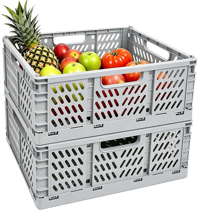 Tobeso-Nuoze 2 Pack Pastel Plastic Storage Baskets-20L Space-Saving Bins | Plastic Collapsible Storage Crates Foldable Plastic Crates for Storage Collapsible Crates for Organizing (Grey)