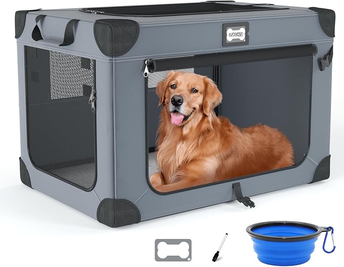42 Inch Collapsible Dog Travel Crate for Soft Blanket and Foldable Bowl | Sturdy Metal Frame，Indoor & Outdoor，Soft Blanket and Foldable Bowl,Storage Bag,Signature Card,Waterproof,Portable for Camping