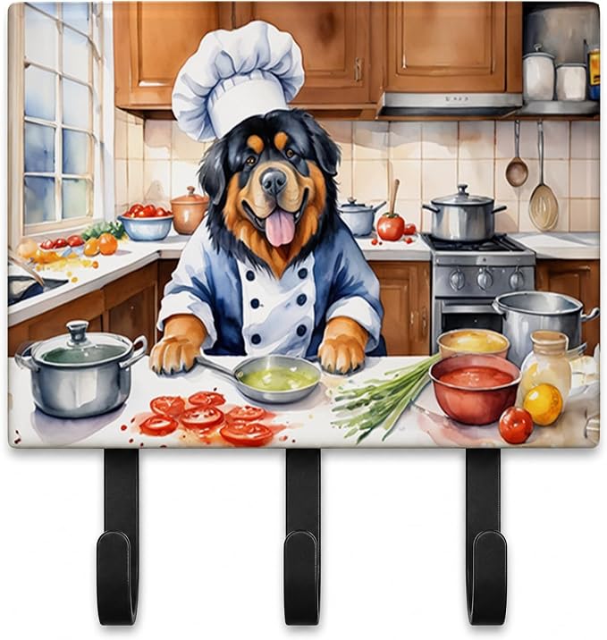 Caroline's Treasures Tibetan Mastiff The Chef Leash or Key Holder Wall Hooks, Key Hooks Holder, Coat Rack Wall Mount, Coat Hooks, Hooks for Hanging Keys, Towels, Aprons, Leashes | Tibetan Mastiff The Chef artwork on ceramic tile with three steel hooks ...
