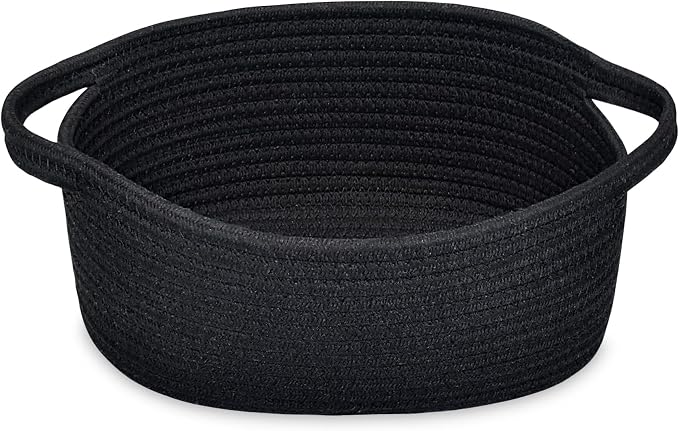 ABenkle Small Basket with Handles, Boho Decorative Rope Woven Dog Cat Toy Storage Bin Shelf Storage Organizer, Easter Christmas Gift Basket, 12"x8"x5", Black