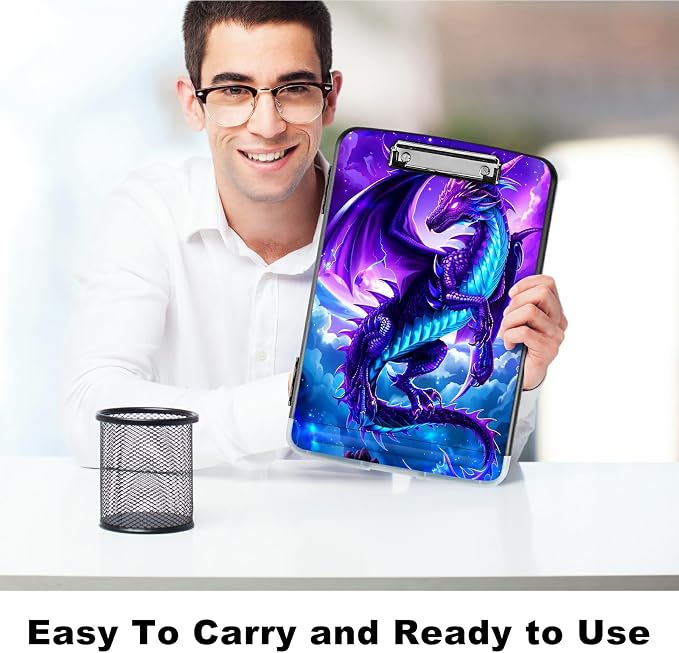 A4 Clipboard with Storage Pen Holder, Clipboards Organizer Nursing Clipboard Foldable File Folder Plastic Clipboard Folio Clip Board for Office Work Classroom Doctor, Galaxy Purple Dragon