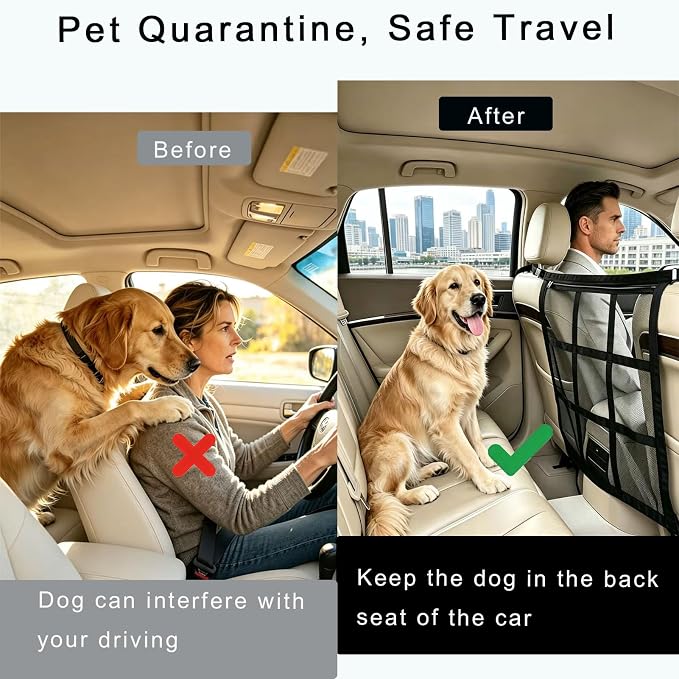 Car Seat Pet Barrier Mesh Organizer Storage Pocket Adjustable Strap | 58×58CM Backseat Pet Divider with Storage Pocket Dog Barrier for Front Seats Auto Back Seat Net for Pet Safety & Car Storage
