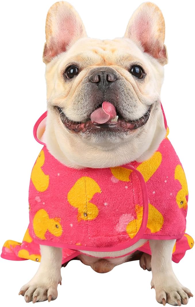 HDE Dog Bathrobe Super Absorbent Quick Drying Puppy Towel Wrap Coat Adjustable After Bath Robes with Hood for Dog Sizes S-XXL Pink Rubber Ducks M