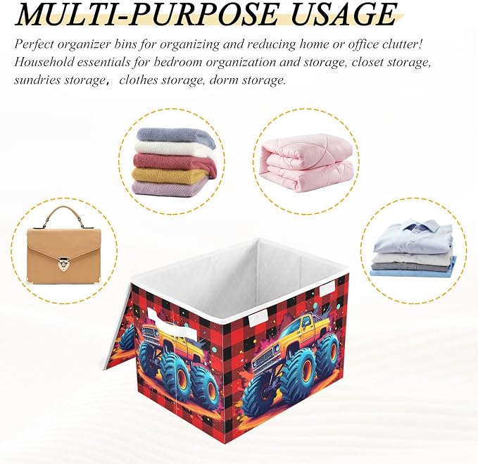 Spatter Trunk Fabric Storage Bins with Lid Closet Storage Basket 40L | Decorative Storage Boxes, Dust-Proof Flip Top, Reinforced Handles, For Home & Bedroom, Clothes & Toy Box, Trunk Fabric Print