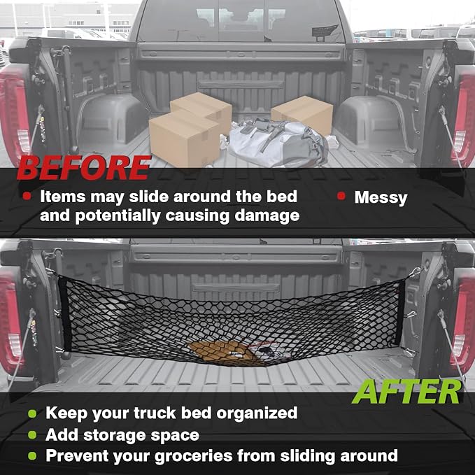 Muslogy Cargo Net for Toyota Tundra 2007-2024 2025 2026 Accessories | Custom Fit, Truck Bed Storage Organizer Net for Pickup Truck Bed Divider, Heavy Duty Carabiners, Night Visible Grab Handle