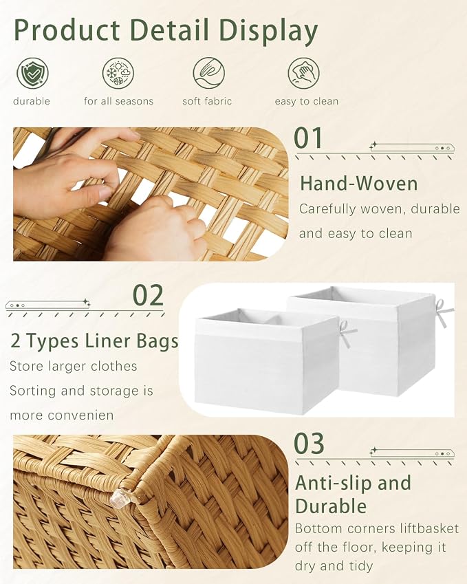 SETVSON Storage Basket with Lid, 2-Lid PE Rattan Storage Bin, Natural | 105L Storage Bin with 2 Separate Lids, 2 Removable Liners for Clothes & Blankets, Sturdy Metal Frame, PE Rattan