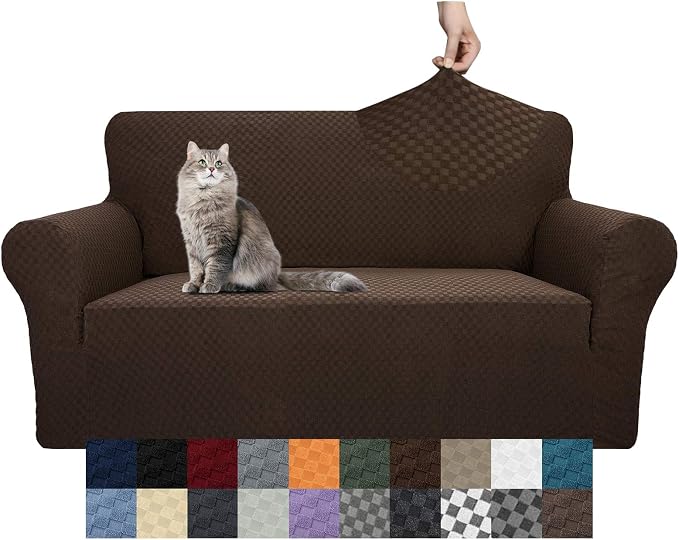 YEMYHOM Couch Cover Latest Jacquard Design High Stretch Sofa Covers for 2 Cushion Couch, Pet Dog Cat Proof Loveseat Slipcover Non Slip Magic Elastic Furniture Protector (Loveseat, Dark Coffee)