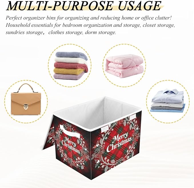 senya Christmas Storage Baskets Christmas Monogram Wreath Tartan Plaid | Collapsible Storage Bins with Lids Boxes Clothes Baskets for Organizing