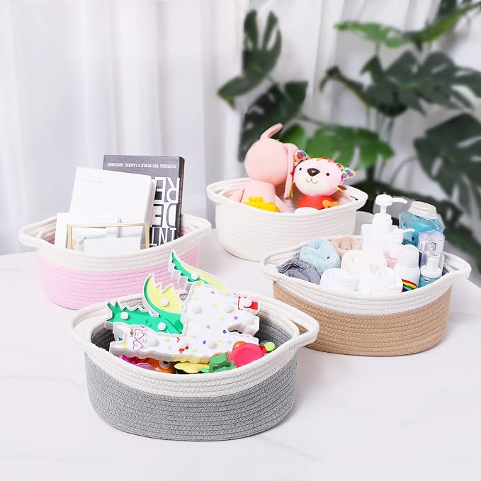 ABenkle Small Basket with Handles, Boho Decorative Rope Woven Dog Cat Toy Storage Bin Shelf Storage Organizer, Easter Christmas Gift Basket, 12"x8"x5", White