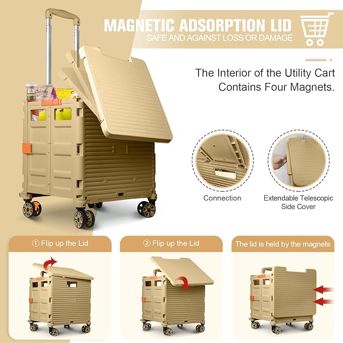 FELICON SELORSS Folding Utility Cart Portable Rolling Crate Handcart-Khaki | Magnetic Sliding Lid,Telescoping Handle,Plastic Box Dolly,360°Swivel Wheels for Travel Shop Move Laundry Office Teacher Use