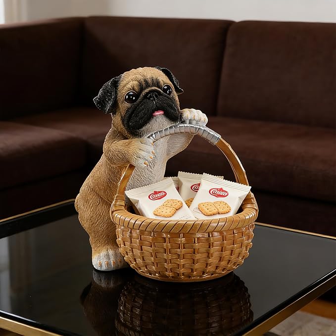 Cute Pug Candy Bowl, Resin Dog Figurine Key Bowl for Entryway Table, Desktop Storage Basket Organizer for Desk, Unique Pug Lover Gift
