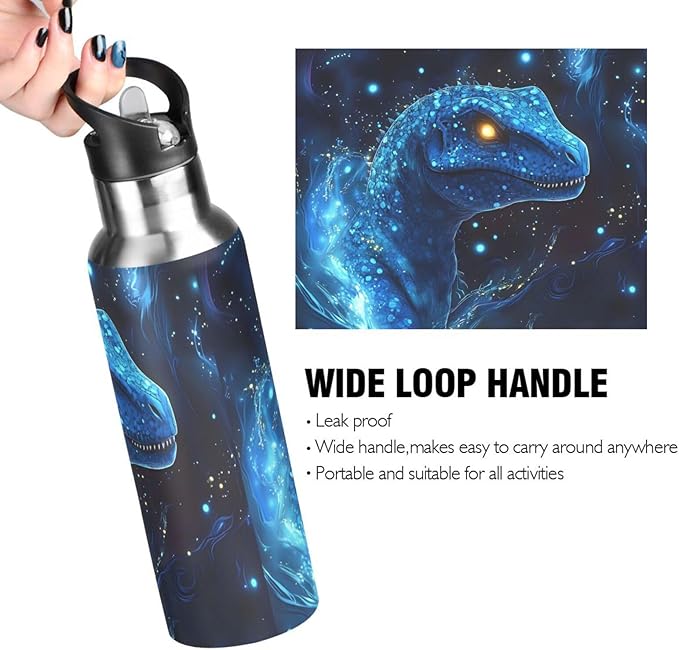 Tech Dinosaur Blue Galaxy Water Bottle with Straw Lid Kids Insulated Stainless Steel Water Flask Sports, 20 Oz Hot Cold