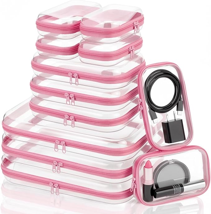12 Pack Clear Hard Shell Zipper Case with 40 Labels, X-Large/Medium/Small Stackable Clear Pouches, Crush-resistant Travel Toiletry Bag Organizer for Makeup Board Games Electronics (Pink)